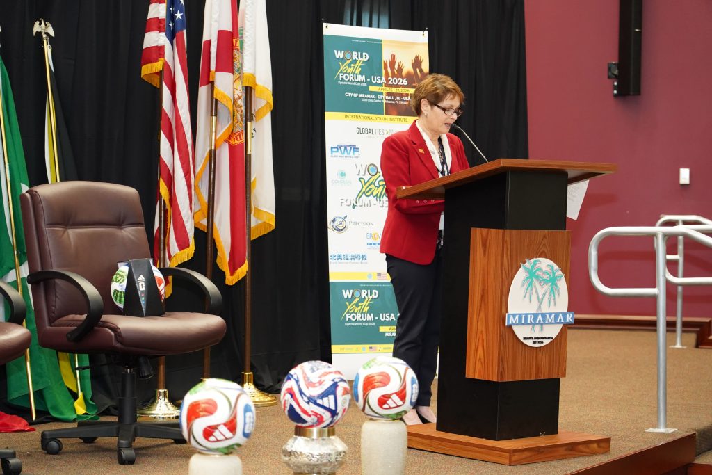 The Honorary Consul of North Macedonia presents the Republic’s flag to the City of Miramar. From left to right: The Honorable Wayne Messam, Mayor of the City of Miramar (Florida); Ms. Dana Klein, Honorary Consul of the Republic of North Macedonia in Miami; Mr. Gabriel Mvogo Saint, President of the International Youth Institute (YOUTH INSTITUTE USA).